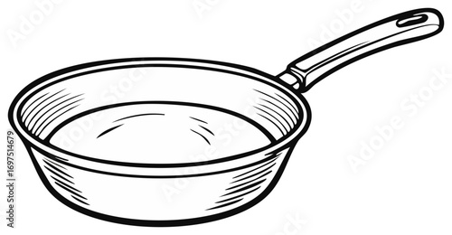 Classic empty frying pan kitchen utensil in a retro line art style