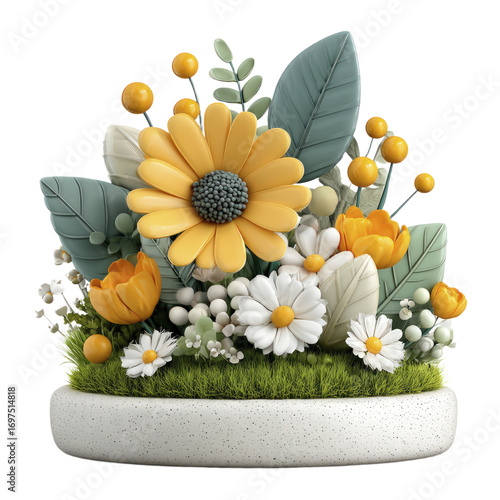 A stylized bouquet of yellow and white flowers with green leaves and yellow berries in a textured pot