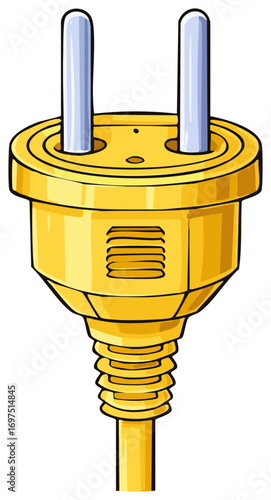 Yellow electrical plug with two metal prongs and a flexible cord connection