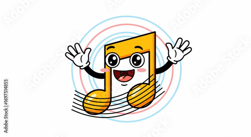 Cheerful Cartoon Music Note with Glasses and Raised Arms.