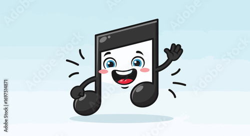 Cheerful Musical Note Character with Waving Hand and Smiling Face.