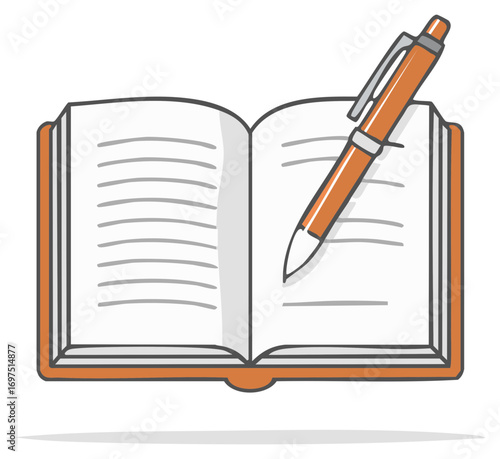 An open book with lined pages rests beside an orange ballpoint pen for writing or drawing