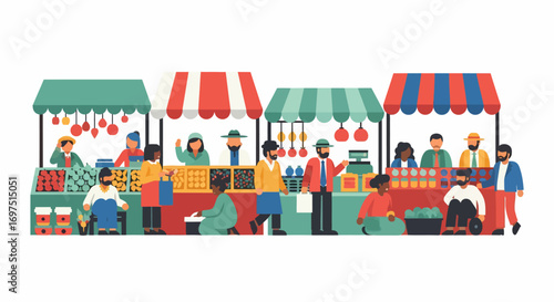 Colorful Illustration of a Lively Outdoor Market with Various Stalls and People.