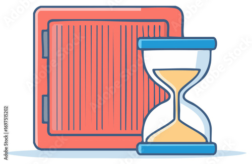 Hourglass and closed safe box illustration representing time is money and security