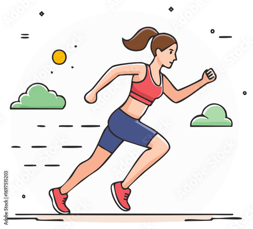 Woman Running Outdoors, Vector Illustration - Healthy Lifestyle, Cloudscape, Sky