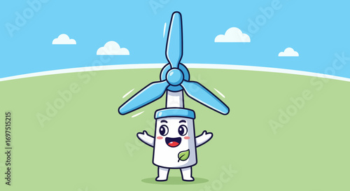 Cute kawaii wind turbine character mascot with a smiling face, blue blades, and a green leaf symbol.