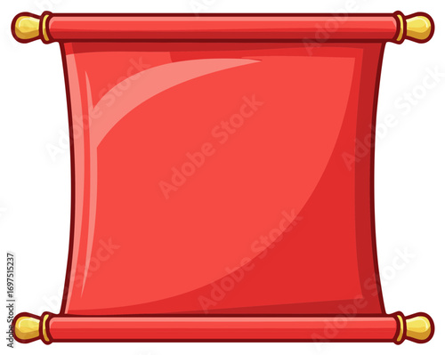 Cartoon red scroll with decorative golden finials, vector illustration.