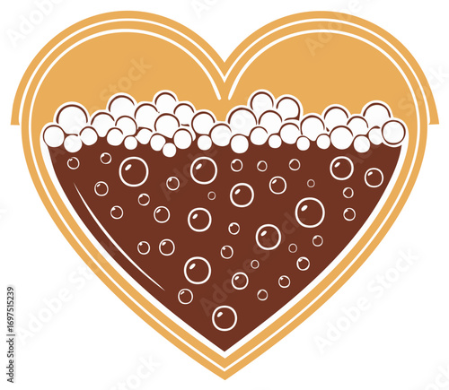 Stylized heart icon filled with dark craft beer, ale, or soda with frothy foam