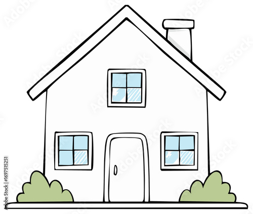 Hand-drawn cartoon illustration of a simple house with a chimney and windows.