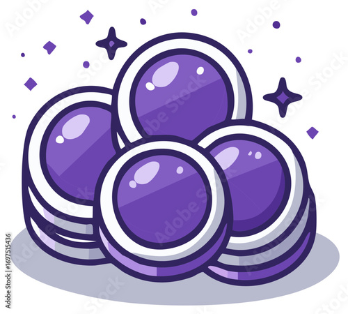 Pile of purple game tokens with sparkling effects