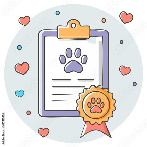 Pet Adoption Certificate with Paw Print Seal and Hearts for Animal Lover
