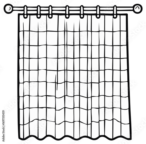 Cartoon illustration of an outline style curtain, showing a window covering with a decorative curtain rod