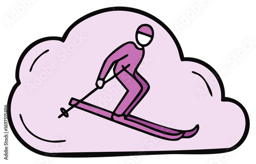 Skiing skier downhill in clouds  vector illustration, winter sport, cartoon, isolated design.