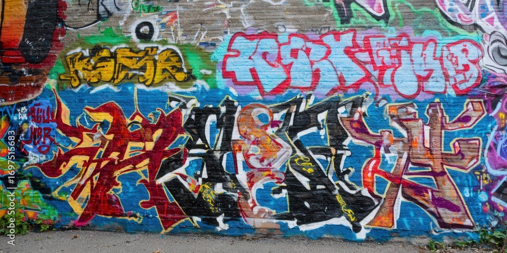 Naklejka premium Colorful graffiti art adorns a brick wall, creating a vibrant urban expression of modern creativity.