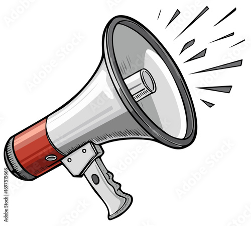Dynamic comic style megaphone with radiating sound waves symbolizing important announcement and communication