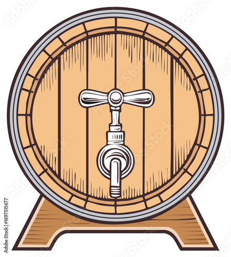 Wooden Barrel Illustration with Tap Spigot on Stand, Alcohol Beer Wine Cask Storage