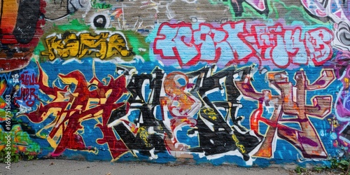 Colorful graffiti art adorns a brick wall, creating a vibrant urban expression of modern creativity.