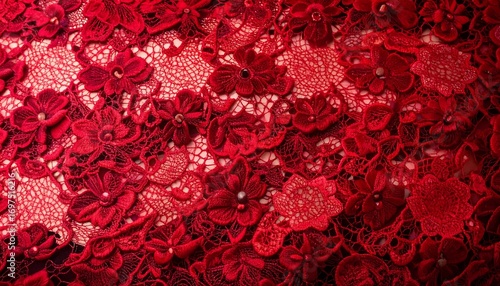 Detailed close-up of vibrant red lace fabric with intricate floral patterns and embellishments.
