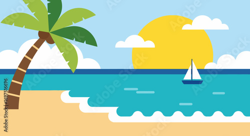 Flat Design Tropical Beach Scene with Palm Tree and Sailboat.