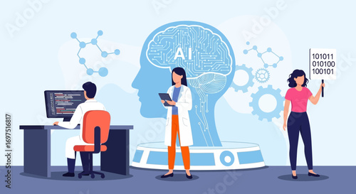 Team of scientists and programmers working on artificial intelligence development and research.