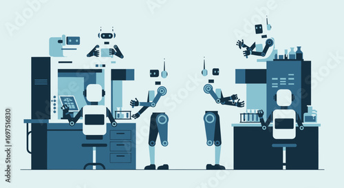 Flat vector illustration of humanoid robots working in a futuristic science laboratory, operating machinery and conducting experiments.