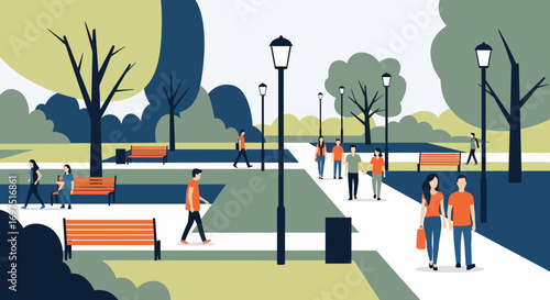 Flat vector illustration of people walking and relaxing in a public city park with green trees and lampposts.