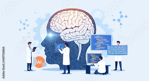 Scientists and researchers developing artificial intelligence with a digital brain and circuit board head.