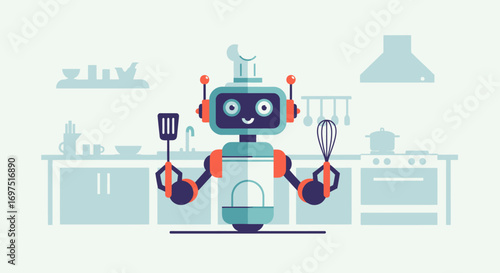 Friendly cartoon chef robot with bright eyes, holding a spatula and whisk, ready to cook.