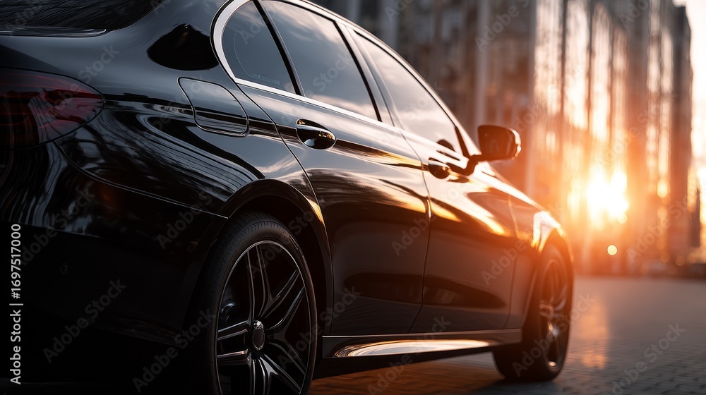 Fototapeta premium Side view of glossy black premium car, sleek silhouette illuminated by warm sunlight, minimalist city background emphasizing its elegance