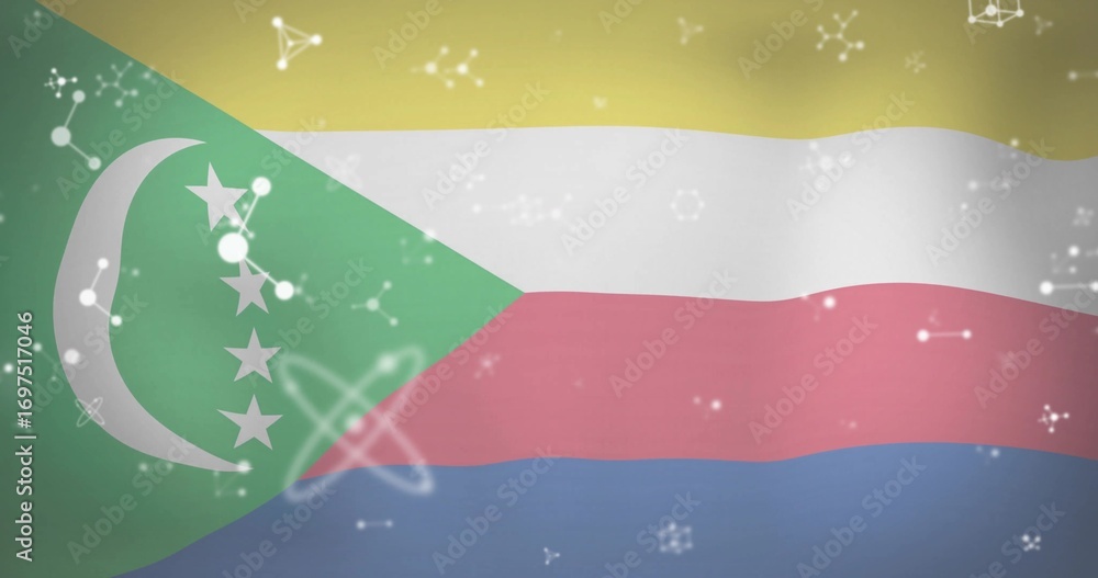 Naklejka premium Waving Comoros flag illustration across frame, featuring crescent, stars and floating science icons