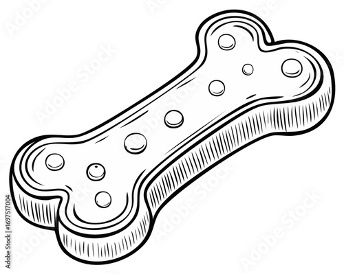 Sketch style dog biscuit shaped like a bone with embedded round treats