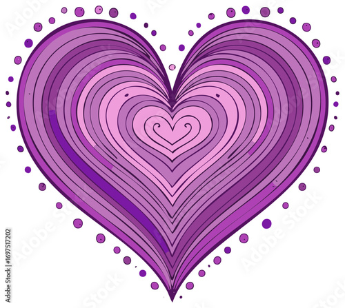 Artistic purple and pink heart illustration with concentric lines and decorative dots symbolizing love and romance