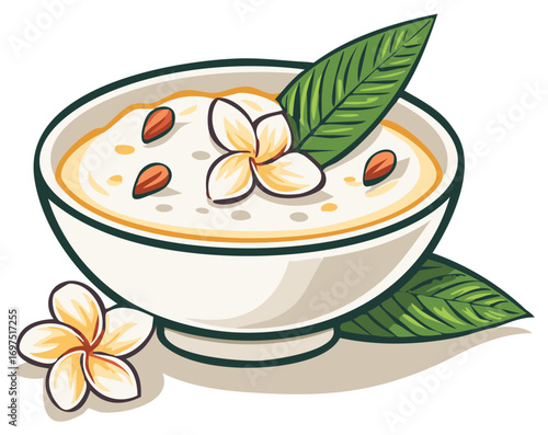 Tropical Porridge Bowl with Almonds and Plumeria Flowers Illustration