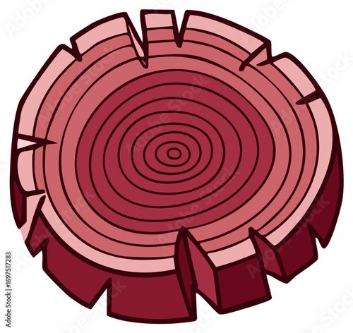 Red wood log cross section showing annual growth rings and natural cracks simple illustration