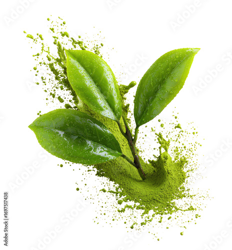 Fresh green tea leaves emerge from a cloud of vibrant matcha powder