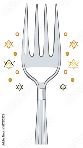 Illustration of a silver fork with six pointed stars and golden circles