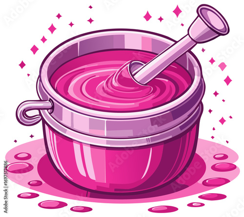 Stylized cartoon image of pink mixing bowl with stirrer, drops and glitter