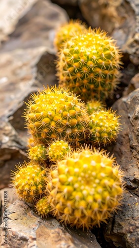 Close-up view of a cluster of small, spiky cacti nestled amongst rocks, showcasing vibrant yellow spines against a backdrop of rough stone textures.