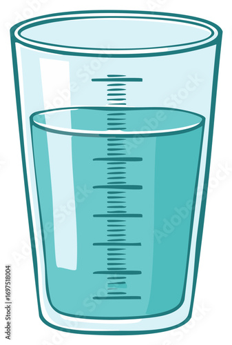 Cartoon illustration of a glass measuring cup with blue liquid for medicine or cooking
