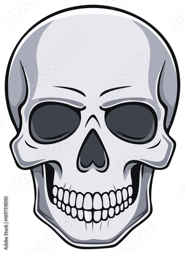 Classic cartoon style human skull illustration with full teeth and empty dark eye sockets