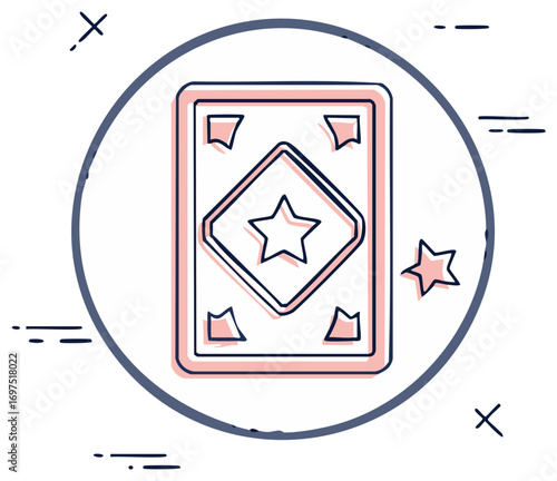 Pink and Blue Playing Card with Star Symbol in Diamond Shape on White Circle