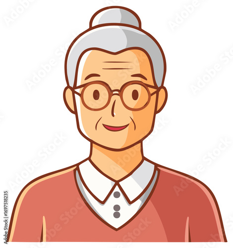 Cartoon portrait of a friendly elderly woman with grey hair and glasses smiling