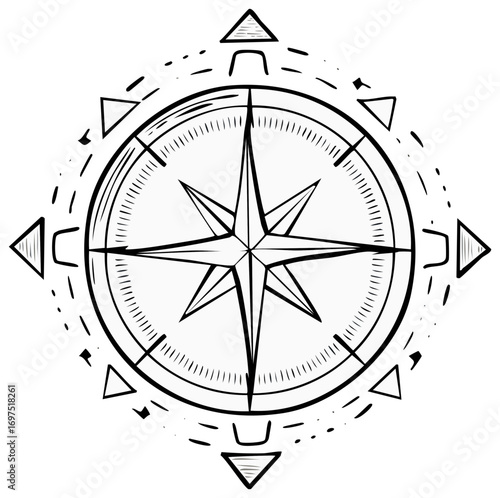 Compass Rose Illustration Sketch Style Navigation Direction Finding Tool