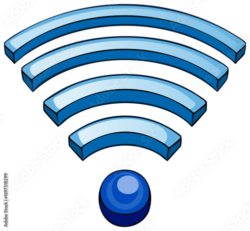 Blue glossy wireless internet signal symbol showing strong network connection and digital communication