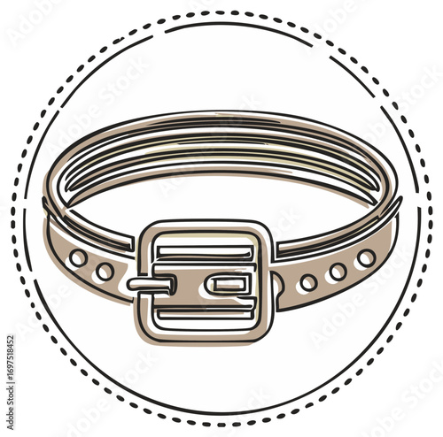 Stylized graphic of a dog collar with a buckle and grommets inside a decorative circle frame.