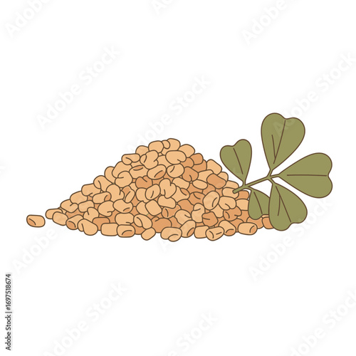 Aromatic Fenugreek Seeds Pile with Fresh Leaf.