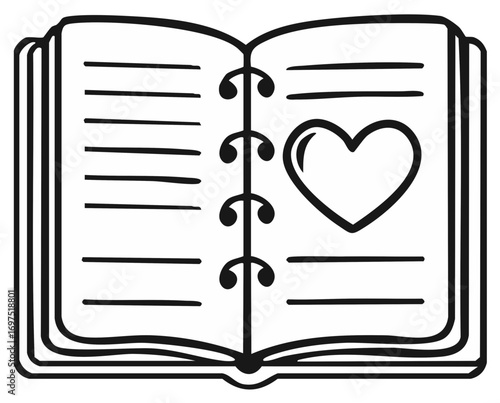 Open notebook with ring binder and heart symbol, stylized journal for notes and reminders with love theme, simple design
