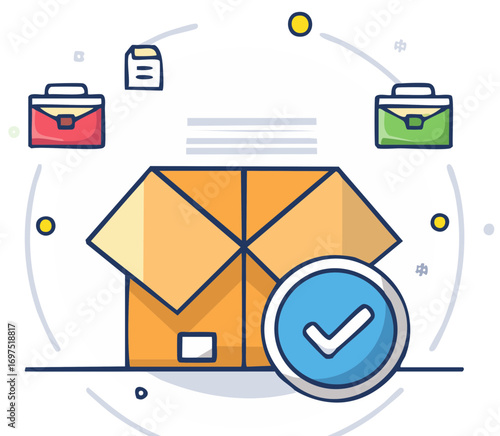 Delivery parcel approved with check mark and briefcases illustration