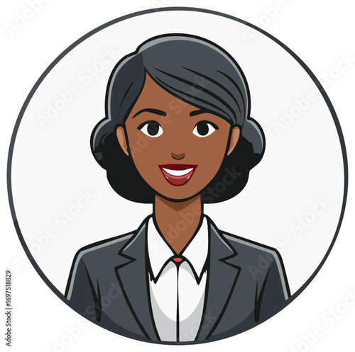 Cartoon style portrait of a smiling dark skinned businesswoman in a suit inside a circle frame