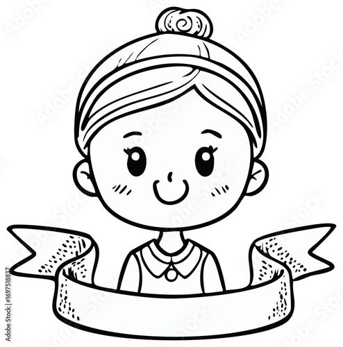 Cute cartoon girl with hair bun and blank ribbon banner coloring page